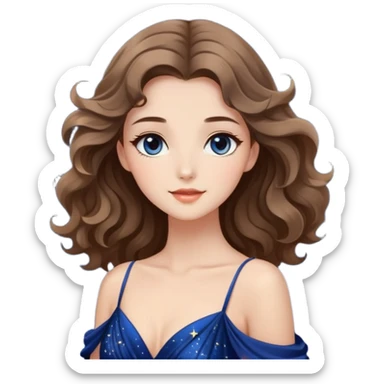 A stunning girl with sparkling eyes, radiant complexion, and a graceful pose. Her hair is styled in loose waves, and she's wearing an elegant evening gown under a starry night sky sticker