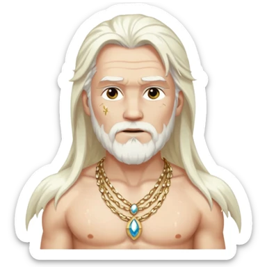 Odin with long white hair, white sequin loincloth, shirtless with necklace sticker