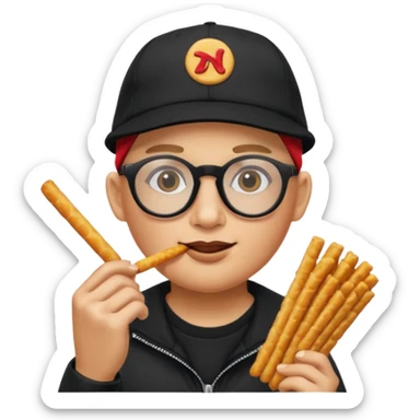 num num eatting hashbrown sticks with a plain black cap and glasses no hair add Rollin' 18 to hat sticker