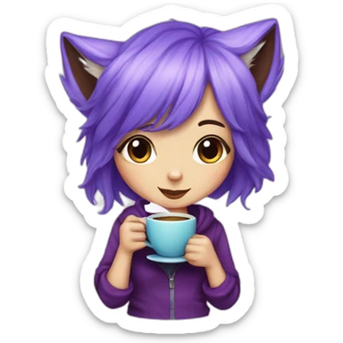 Purple haired fox girl with one eye blue and the other purple, drinking coffe sticker