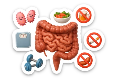 intestino umano anatomico realistico al centro, intorno al quale ruotano emoji stile iphone di: due batteri intestinali felici, una bowl di insalata, una bilancia pesapersone, manubri da palestra, e un boccale di birra con divieto 3d sopra, una sigaretta con divieto 3d sopra e un wurstel con divieto 3d sopra, fluttuano in aria, iperrealistico 4k sticker