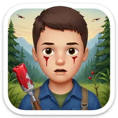 13 y/o Brian robeson at the beginning of Hatchet
determined, has hatchet, self-reliant, observant survivalist, berry juice on his lips, bug bites on cheeks, white boy, no bleeding or big cuts sticker