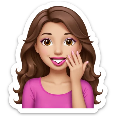 girl with long wavy brown hair, brown eyes, long lashes makeup, pink lips, light to medium complexion, pink sexy top, smiling, hand covering mouth, giggling sticker