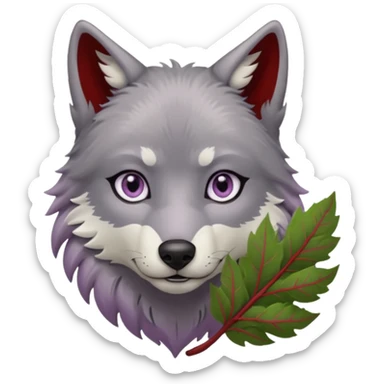 A wolf with lilac gray eyes and holding a weirwood leaf sticker