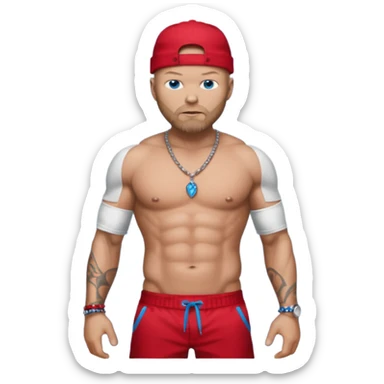 Fred Durst with metallic red pants, shirtless with necklace, blue eyes, dark blonde hair sticker