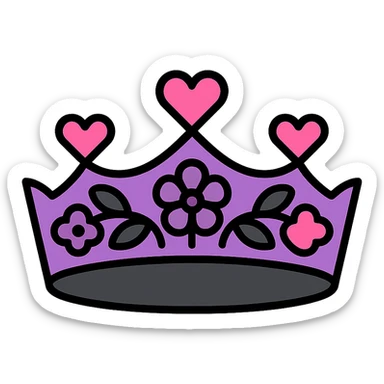 gothic flower crown, modern, clean lines, minimalistic, with heart accents, black, pink, and purple sticker