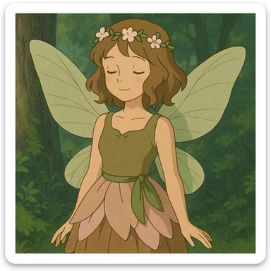 fairycore girl with brown, light pink, and green fairy clothes and wings, light brown hair, dreamy and enchanting, ghibli-inspired style sticker