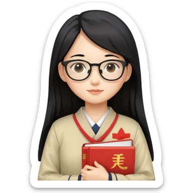 A student, asian girl, long black hair, wearing glasses, japanese uniform, hold book in front of their chest sticker