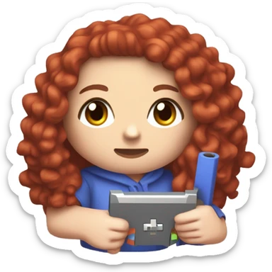 a white girl with long red curly hair, wearing periwinkle Minecraft hoodie playing a videogame sticker