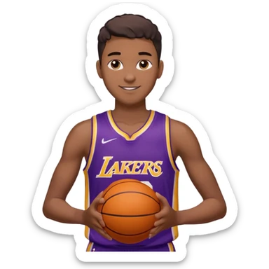 generate an ios genmoji of a handsome dark 20 year old in a purple lakers basketball jersey, basketball in hand, smirking sticker