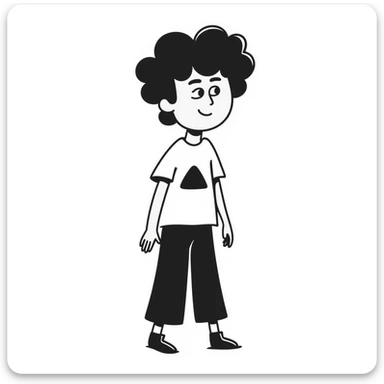 Teenage boy with messy curly hair, casual t-shirt, slight smile sticker