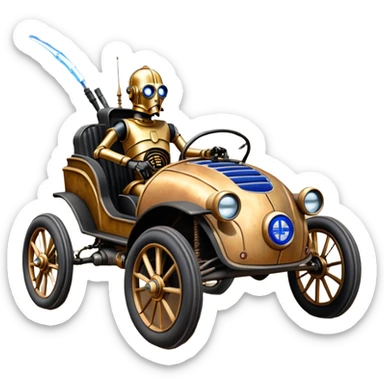 Old American West tarnished R2D2 C-3PO bounty hunter 1854 delicately ornate rosegold accents painted dune buggy buckboard wagon powered by electric motors and batteries with safety features and belts flying rapidly across rough dusty terrain stable on strong agile steampunk suspension and steering  sticker