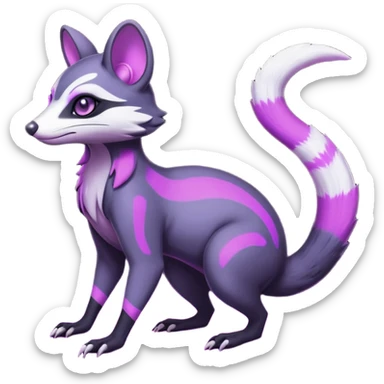 Obsidian-onyx-black and glowing neon-purple, shiny blind eyes, magical fantasy-Genet-Sentret-Marsupial-Possum-Vernid-Sergal-Fakémon-hybrid, by LiLaiRa-griffsnuff, full body sticker
