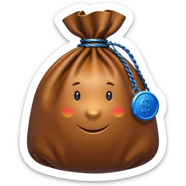 brown money bag with a blue coin  sticker