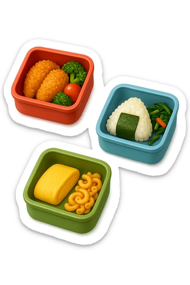 EMOJI STILE IPHONE DI UN 3 schiscette con poco cibo dentro, fluttuano in aria REALISTICA 4K sticker