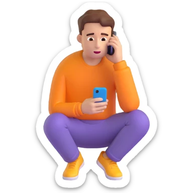 a man hunched over his cell phone, 3D emoji style sticker