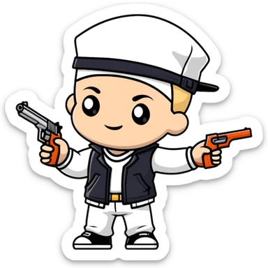 little white kid dressed as a gangster, holding a toy gun, playful and non-threatening sticker