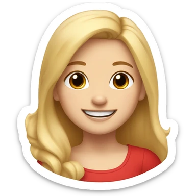 smiling girl with blonde hair with red corgi with black snout sticker