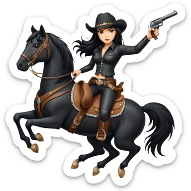 badass confident hot tanned woman with long black hair cowgirl style wearing black leather outfit with gun riding horse in action pose sticker