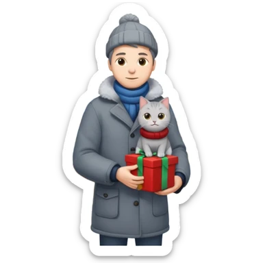 man houd kat vast en staat op dak met cadau`s sticker