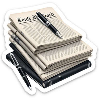 Create an emoji representing journalism and publicistic writing. The design should feature a stack of newspapers as the base, with an open working notebook placed on top of them. A single fountain pen should rest on the very top of the notebook, symbolizing the act of writing. Use neutral, professional colors like black, white, and muted tones to convey a sense of seriousness and intellect. Do not include any emojis or smiley faces. Make the background transparent. sticker