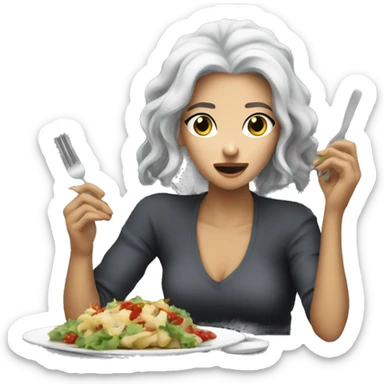 Eating something yummy woman gray hair white eating Damon dinner  sticker