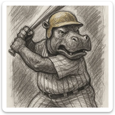hippo holding a baseball bat, wearing a yellow helmet, pinstripes outfit sticker
