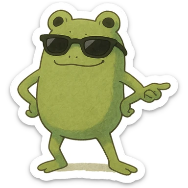 cool bean character with frog features, wearing sunglasses, confident and playful sticker
