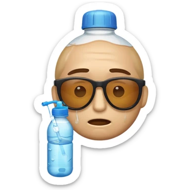 classic emoji style face with sunglasses, pained expression, and a water bottle, looking hungover sticker