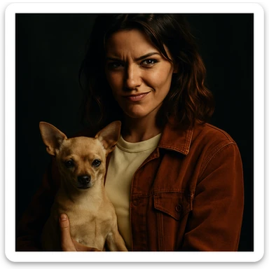 portrait style Netflix series, woman with tanned skin, subtle freckles, pale yellow shirt color #FFF8CA, rust-colored jacket, medium-length brown hair with auburn highlights, rebellious and playful expression, holding a beige-brown chihuahua, dark background, dramatic atmosphere, cinematic lighting sticker