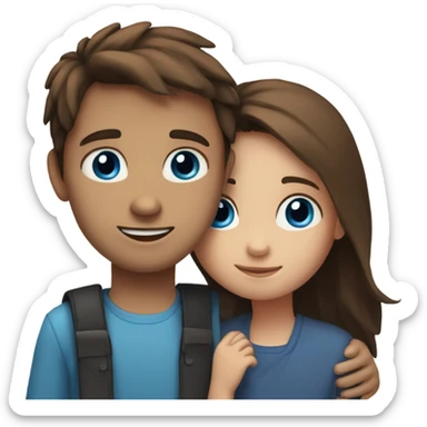 Girl with brown hair and blue eyes hugs boy with dark brown straight hair and blue eyes sticker