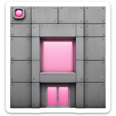 Soviet-style concrete panel building with single pink glowing window, rectangular brutalist design sticker