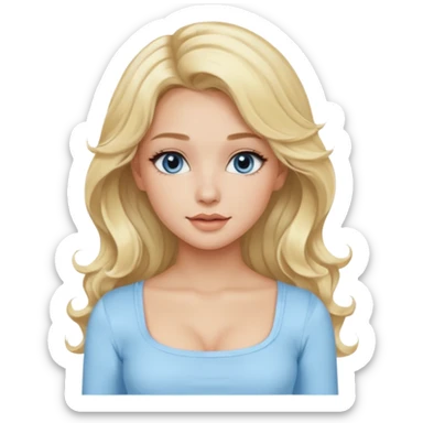 pretty girl blonde wavy long hair makeup light baby blue skin tight square neckline long sleeve top sticker