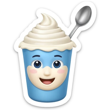 A 3D cartoon yogurt cup with a spoon, creamy white top, Memoji-style rendering. sticker