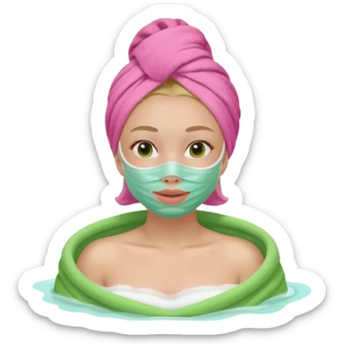 a girl with a facial mask green with a pink towel and a bath  sticker
