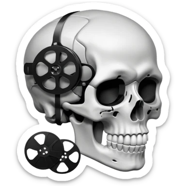 Minimalist emoji-style sticker of a human skull in profile, with a film reel replacing the brain. Grayscale icon with bold silhouette.
 sticker