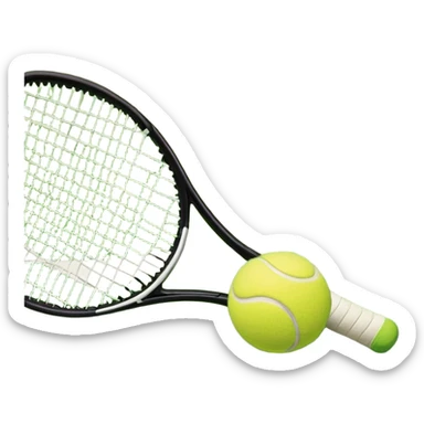 A tennis racket and a ball placed on the ground, with a tennis court in the background. The court lines and net are visible, emphasizing the structure and focus of the sport, creating a dynamic and energetic vibe. sticker