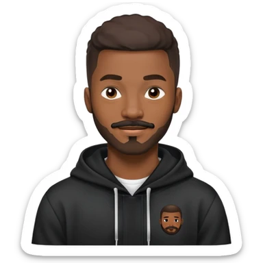African yound man in his late 20s with a wink and  full short boxed beard and moutache , crew cut hair style, black hoody sticker
