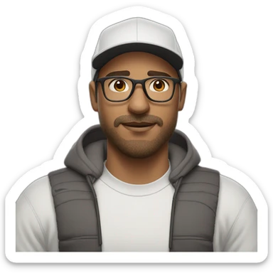 White man,brown hair, brown beard, thick eyebrows, black sight glasses. Big nose. Half closed brown eyes. Wearing a Nike cap sticker