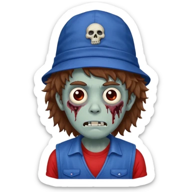 brown fluffy hair zombie with blue and white hat dark blue jilet red t shirt sticker