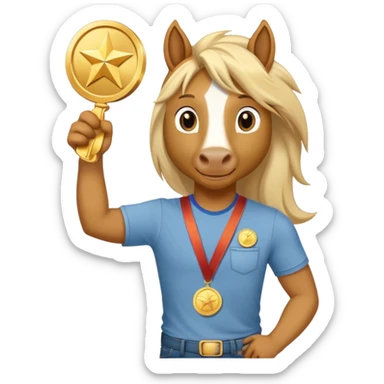 friendly anthropomorphised stallion in jeans and a t-shirt, holding a gold medal sticker