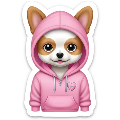 small dog wearing Victoria's Secret pink hoodie with logo sticker