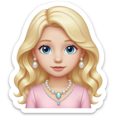 girl emoji with long wavy light golden platinum blonde hair, light blue eyes, pale bright peachy-pink skin tone, wearing a light pastel pink fancy outfit #f3c3cf, pearl hair clip, and light gold jewelry sticker