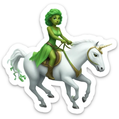 a green amazon alien woman on a white unicorn sticker