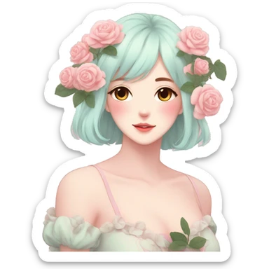 Gorgeous pastel anime style lady with blushing face and roses aesthetic trending style sticker