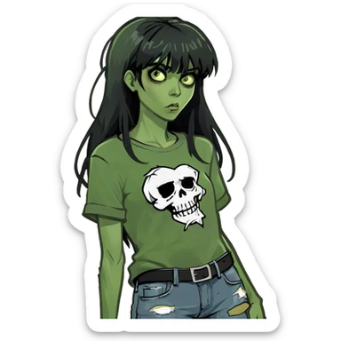 zombie girl with big black hair and bangs  sticker