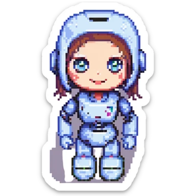 shoulders-up portrait of a cute, friendly female recruiter robot in 8-bit pixel art style, big expressive eyes, smiling, one hand raised as if presenting, less mechanical and more character-like sticker