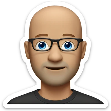 45 year old bald guy with blue eyes, black-framed eyeglasses, red whiskers sticker