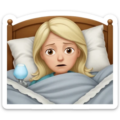A 55-year-old woman lying in bed, unable to sleep. She looks exhausted and desperate, with visible dark circles under her eyes, tired facial expression. She is under the blankets, staring at the ceiling.  sticker
