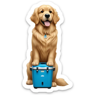 Golden retriever standing on blue yeti cooler  sticker